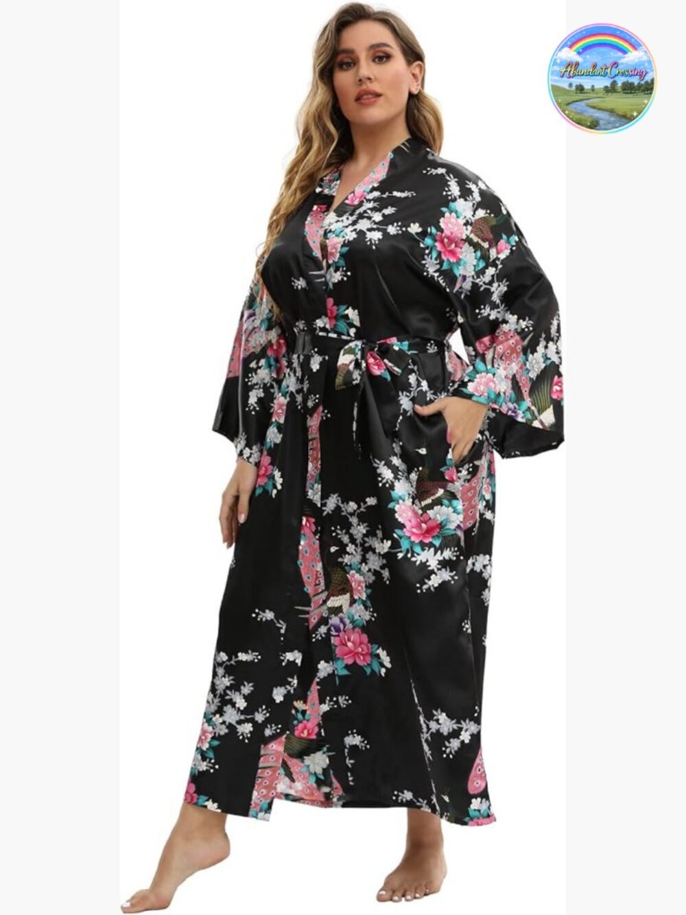 Floral Long Satin Robe Plus Size Kimono Silk Sleepwear Dressing Gown
